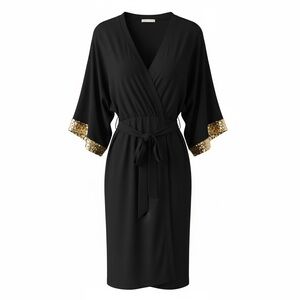 Bluebell Black Tie-Waist Dress Gold Seven Sleeve Accents | Women’s 2XL